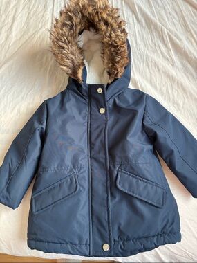 George Navy Kids Hooded Puffer Coat with Faux-Fur Trim